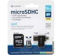 Карта памяти Platinet PMMSD16CR4 16GB + адаптер, кардридер