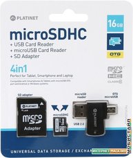 Карта памяти Platinet PMMSD16CR4 16GB + адаптер, кардридер