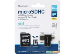 Карта памяти Platinet PMMSD16CR4 16GB + адаптер, кардридер