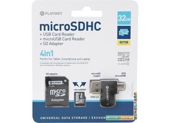 Карта памяти Platinet PMMSD32CR4 32GB + адаптер, кардридер